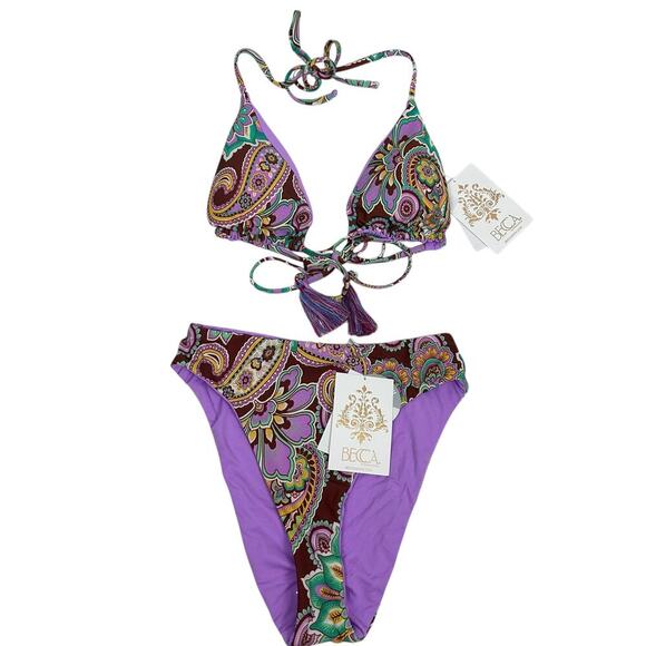 Becca Swim Multi Colored Paisley Reversible Tie Triangle High Waisted Bikini - Picture 1 of 3